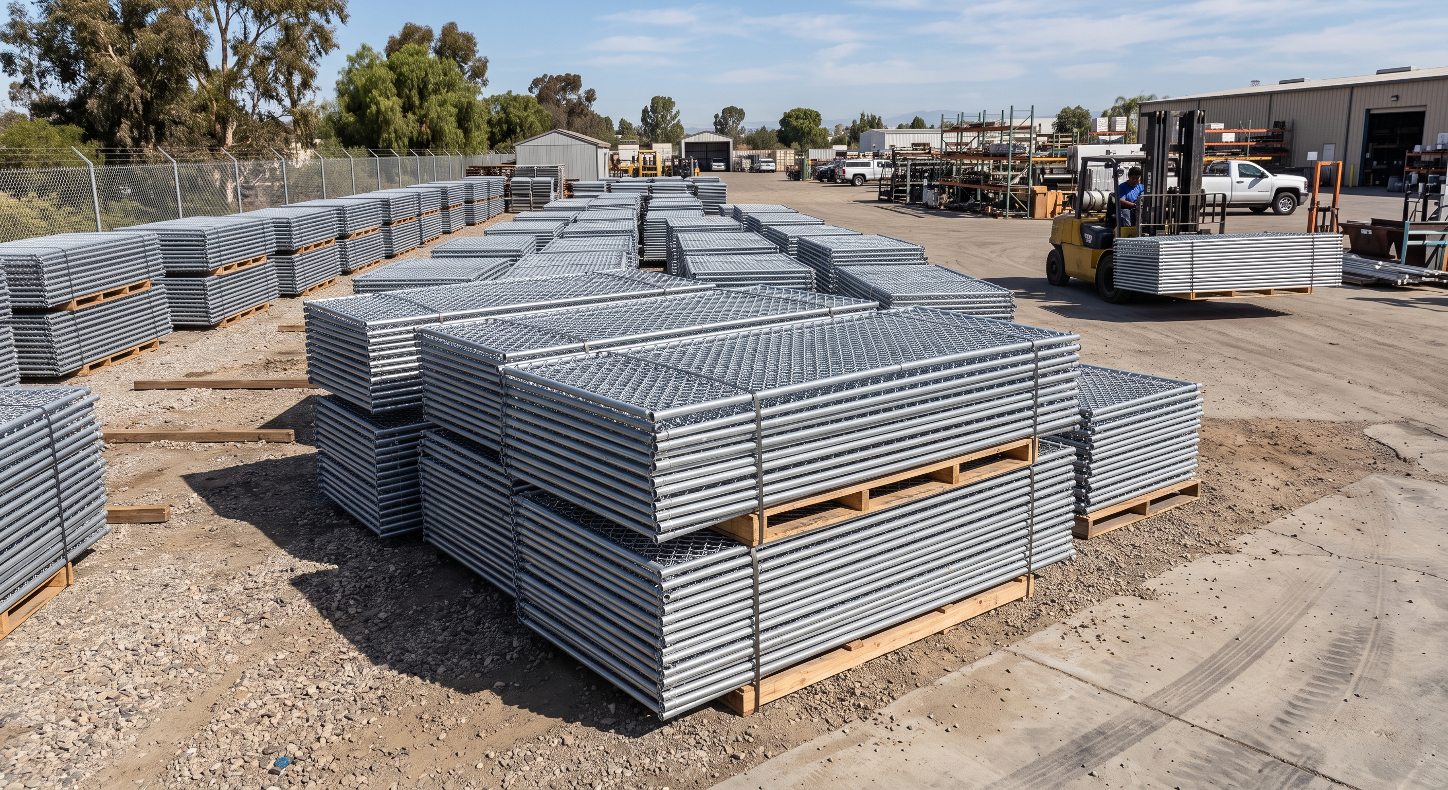 Stacks of temporary fence panels in the Ultimate Fence Industries yard in Riverside, California